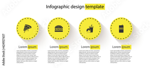 Set Slice of pizza, Burger, Soda drink with donut and Beer can. Business infographic template. Vector