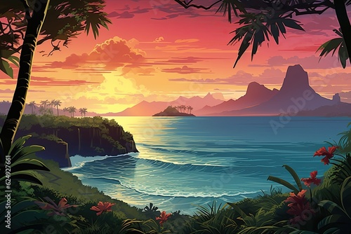 A vibrant sunset painting featuring palm trees, ocean, and mountains. (Generative AI)