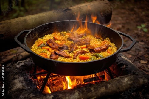 jambalaya cooking in cast iron pot over campfire, created with generative ai
