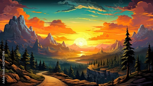 The painting depicts a sunset road leading to mountains. (Generative AI)
