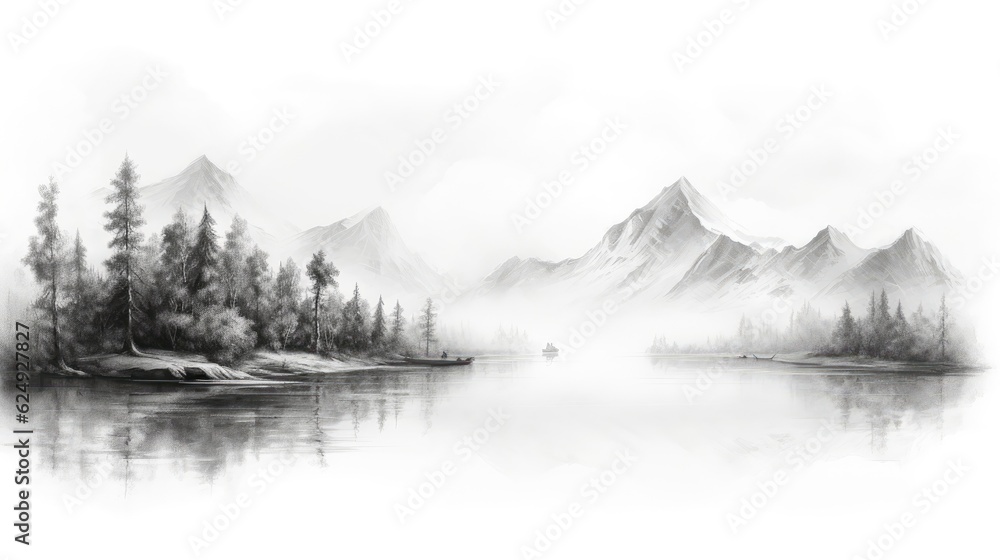 Fototapeta premium A still body of water reflects a mountain range. (Generative AI)