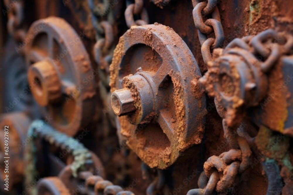 close-up of rusty tractor gears and chains, created with generative ai close-up of rusty tractor gears and chains, created with generative ai