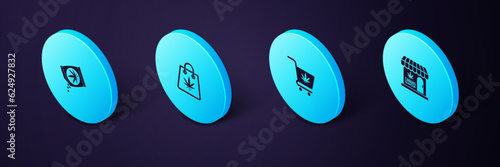 Set Isometric Marijuana and cannabis store, Shopping cart with marijuana, bag of and seeds icon. Vector
