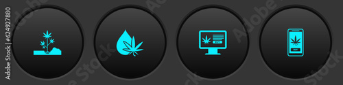 Set Planting marijuana, Marijuana or cannabis leaf oil, Online buying and icon. Vector