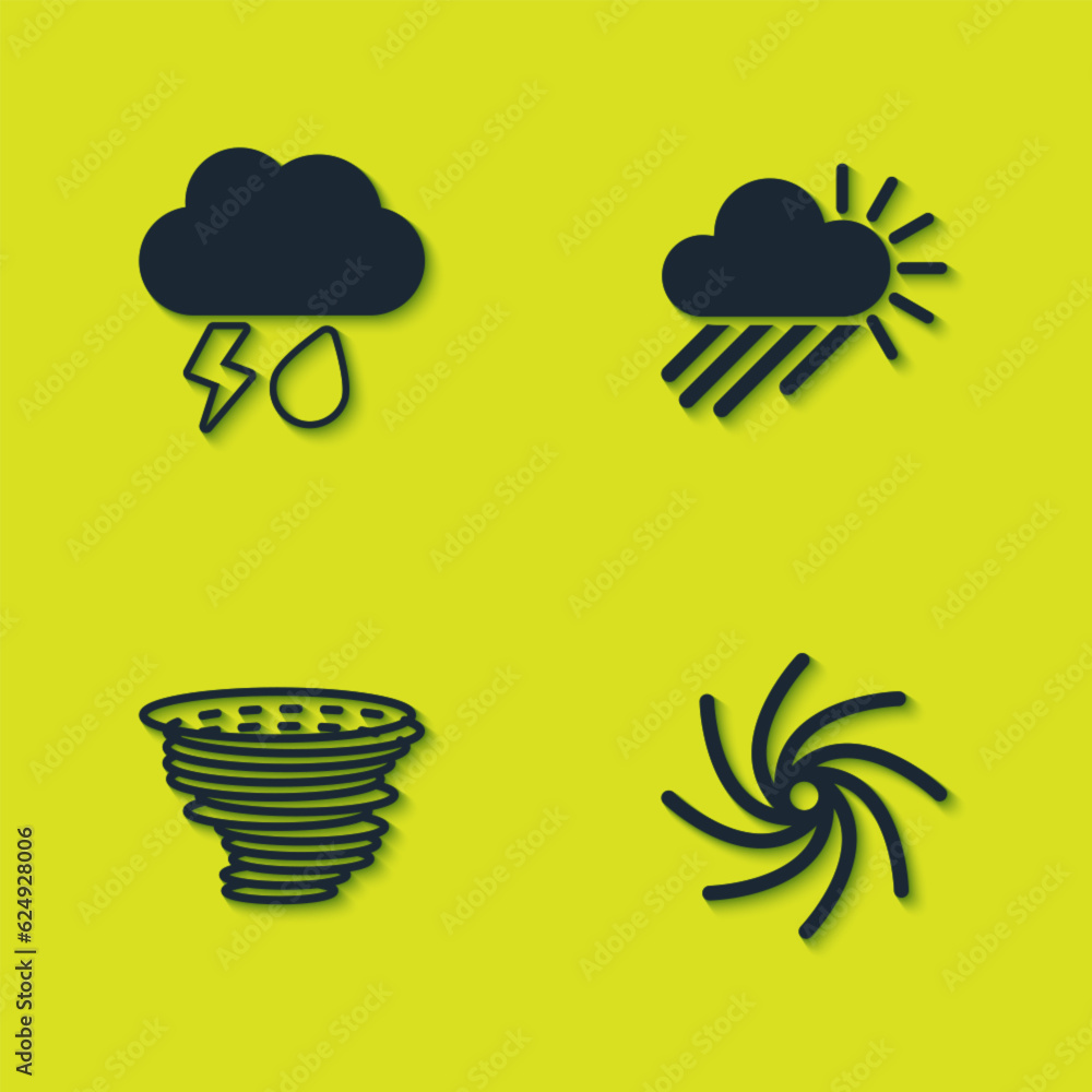 Fototapeta premium Set Cloud with rain and lightning, Tornado, and Cloudy sun icon. Vector