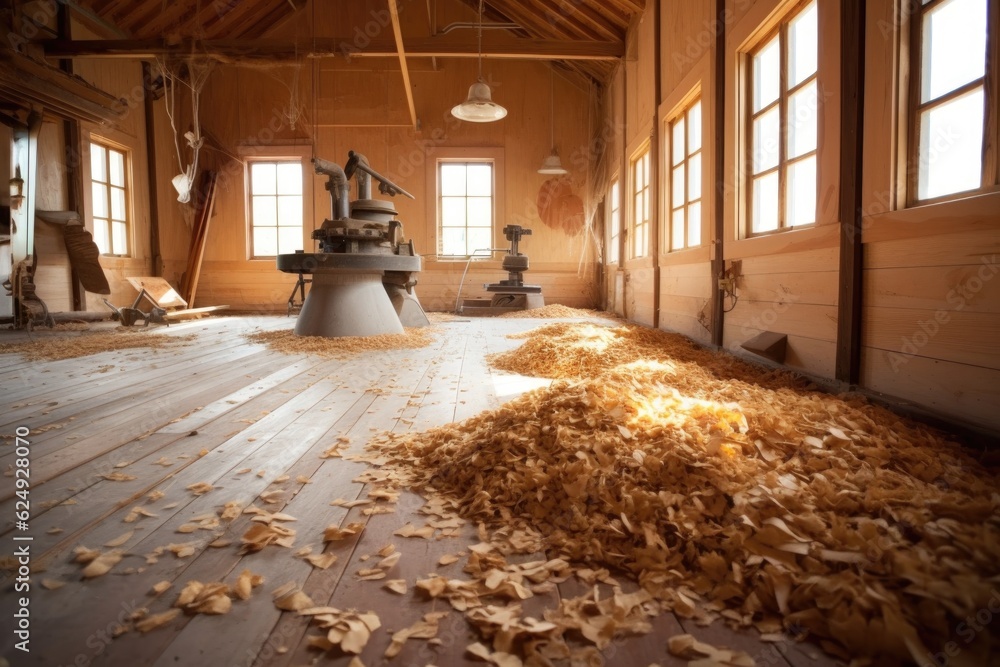 Fototapeta premium sanded wood shavings on workshop floor, created with generative ai