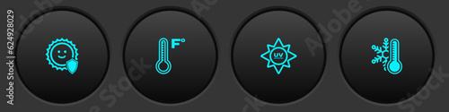 Set UV protection, Meteorology thermometer, and Thermometer with snowflake icon. Vector