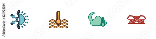 Set Sun and snowflake, Water thermometer, Thermometer cloud, moon and Rainbow with clouds icon. Vector