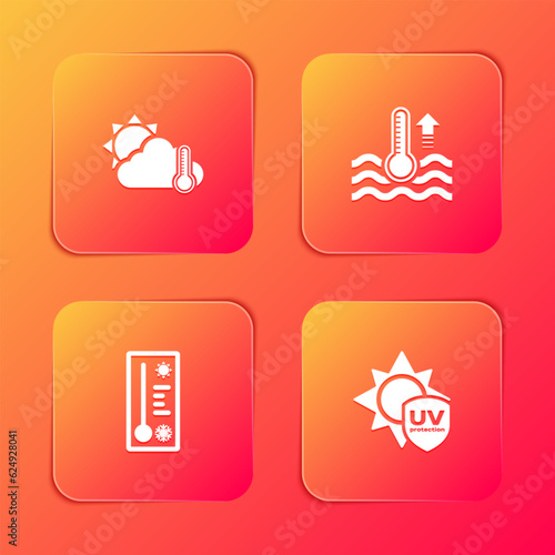 Set Thermometer and cloud, sun, Water thermometer, Meteorology and UV protection icon. Vector