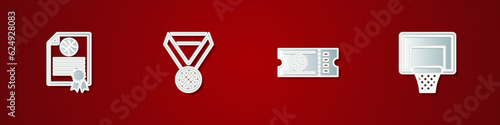 Set Certificate basketball award, Basketball medal, game ticket and backboard icon. Vector