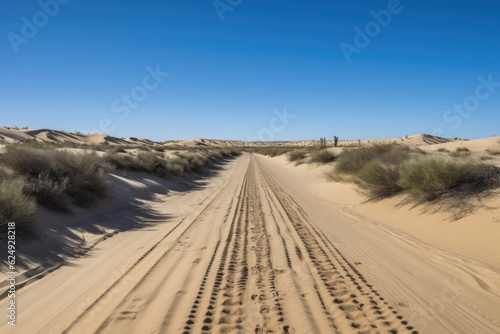 scenic road trip through a desert landscape  with endless sand dunes and clear blue skies  created with generative ai