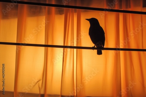 bird on a wire silhouette against lit curtain, created with generative ai © altitudevisual