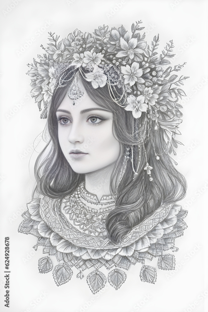 pencil sketch of a girl in a flower wreath, detailed sketch of a portrait of a girl with flowers in her hair, generative ai