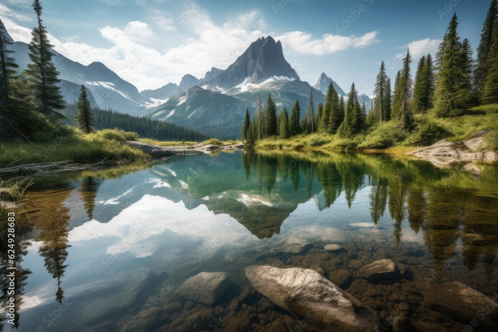 serene lake surrounded by towering mountains, with reflections of the peaks in the water, created with generative ai