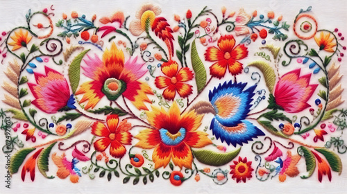 Ukrainian ethnic satin stitch embroidery on a white background, floral motif flowers and plants embroidery, generative ai