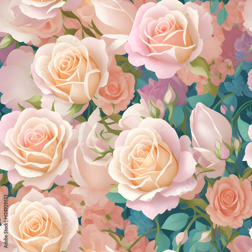 repeating seamless background of volumetric light pink roses  generative ai