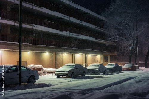 snowy car park illuminated by soft streetlights, created with generative ai © altitudevisual