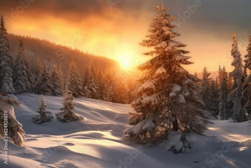 snowy pine tree landscape during golden hour, created with generative ai