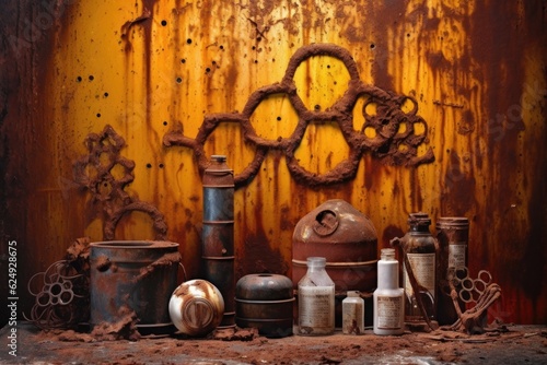 chemical hazard symbols on a rusty metal background, created with generative ai