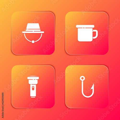 Set Camping hat  metal mug  Flashlight and Fishing hook icon. Vector