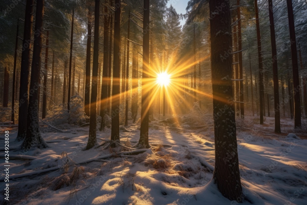 snowy pine forest with sun rays breaking through, created with generative ai snowy pine forest with sun rays breaking through, created with generative ai