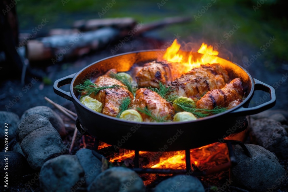 overhead view of a chicken roasting on a spit, created with generative ai overhead view of a chicken roasting on a spit, created with generative ai