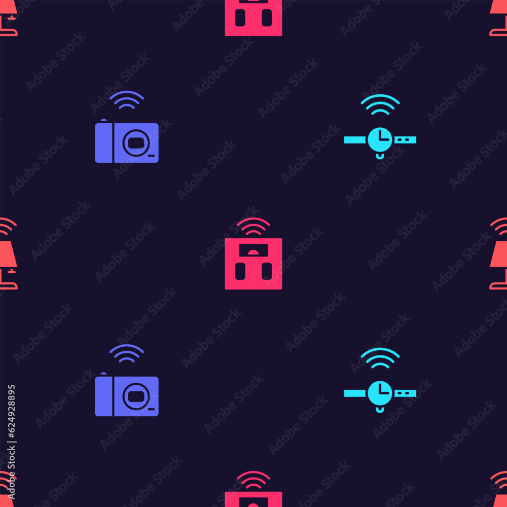 Set Smartwatch, photo camera, bathroom scales and table lamp on seamless pattern. Vector