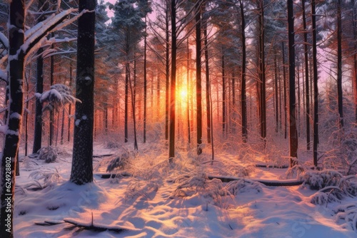 winter sunrise illuminating snow-covered pines, created with generative ai © altitudevisual