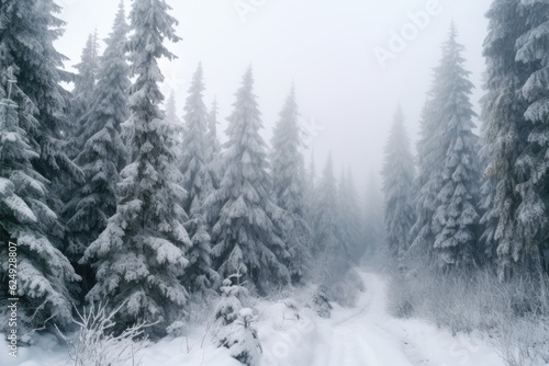 snow-covered pine trees on a foggy morning, created with generative ai
