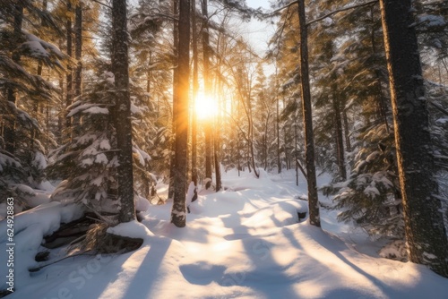 snowy pine forest with sunlight peeking through, created with generative ai © altitudevisual