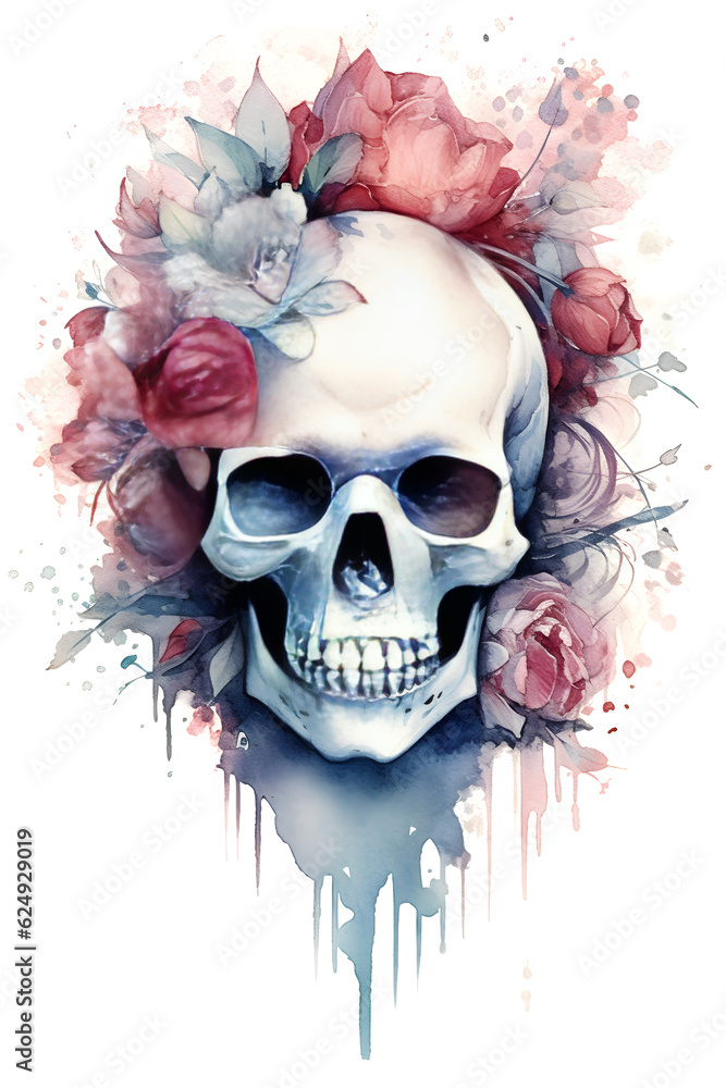 Fototapeta premium watercolor skull and roses, generative ai