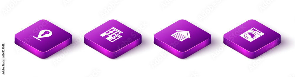 Set Isometric Location key, House, Garage and Washer icon. Vector Set Isometric Location key, House, Garage and Washer icon. Vector