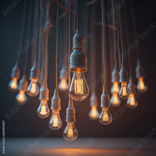 a bunch of light bulbs hanging from a ceiling incandescent lighting. Volumeric lighting, global illumination lighting, edison bulb, advanced lighting technology, artificial warm lighting. 