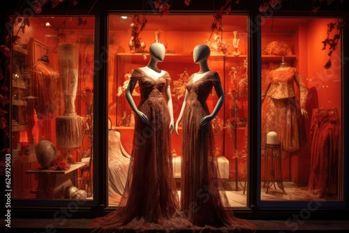 mannequins dressed in elegant evening gowns showcased in a boutique window, created with generative ai © Alfazet Chronicles