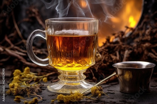 dandelion tea in a clear glass with campfire backdrop, created with generative ai
