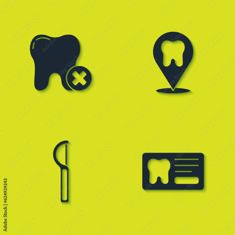 Set Tooth with caries, Dental card, floss and clinic location icon. Vector