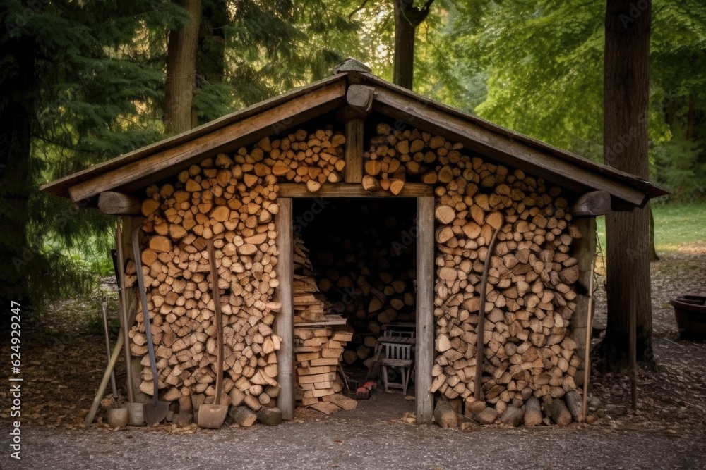Fotografie rustic firewood shed filled with split logs, created with generative ai