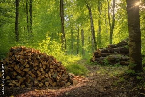 firewood pile in forest clearing, dappled light, created with generative ai