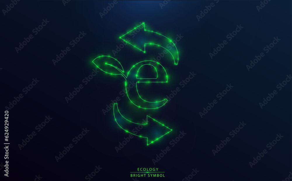 Obraz premium Ecological symbol. Glowing logo with circular arrows, green neon particles, outline design. Concept of ecology and recycling.