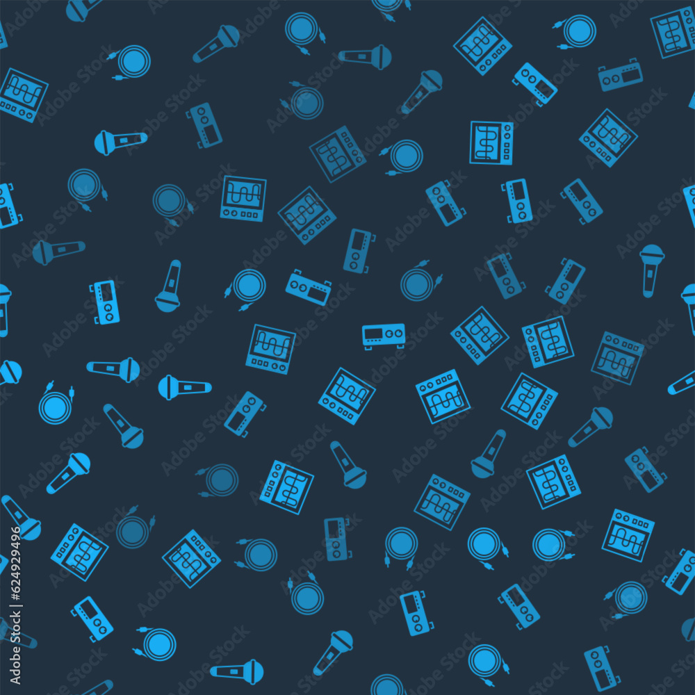 Set Audio jack, Oscilloscope, Guitar amplifier and Microphone on seamless pattern. Vector Set Audio jack, Oscilloscope, Guitar amplifier and Microphone on seamless pattern. Vector