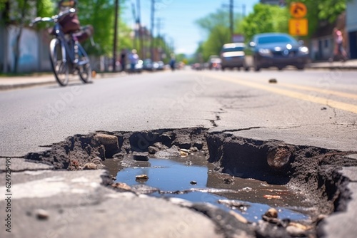 close-up of a pothole on a bicycle lane, danger for cyclists, created with generative ai photo