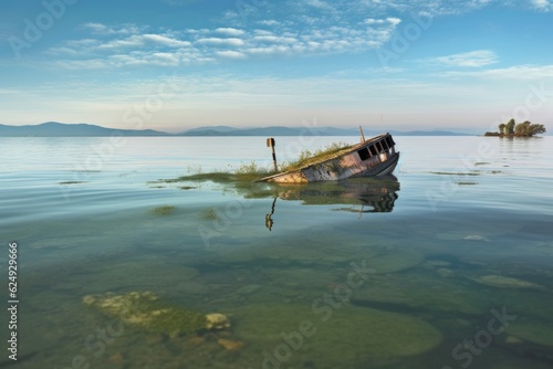 capsized boat in shallow water, sandbar visible, created with generative ai