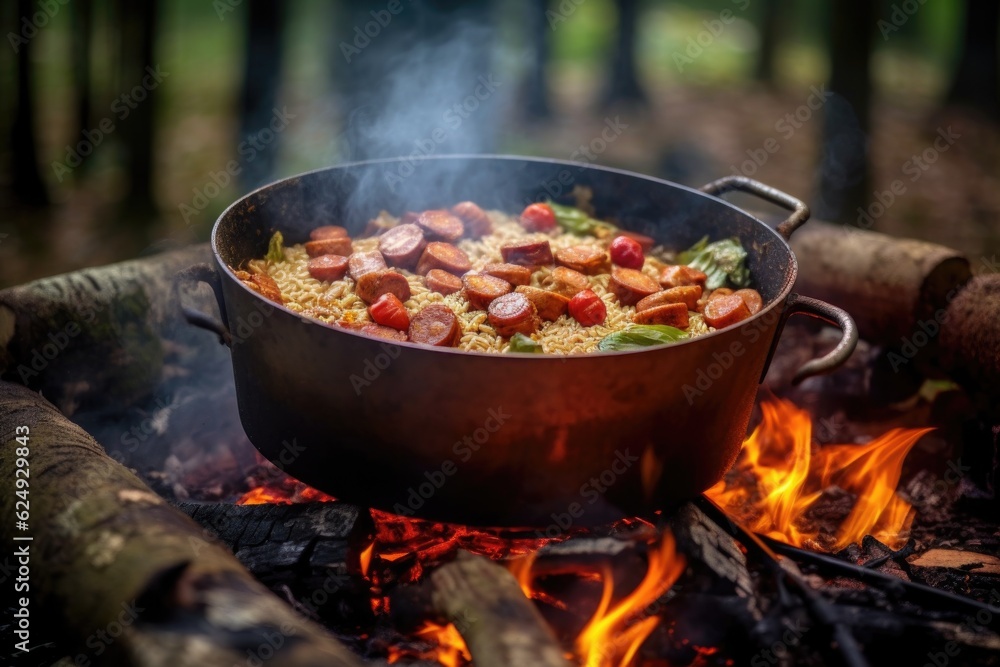 jambalaya ingredients being stirred in pot on open fire, created with generative ai jambalaya ingredients being stirred in pot on open fire, created with generative ai