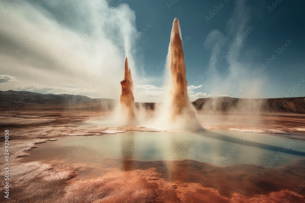 steaming geysers erupting in a geothermal park, created with generative ai steaming geysers erupting in a geothermal park, created with generative ai