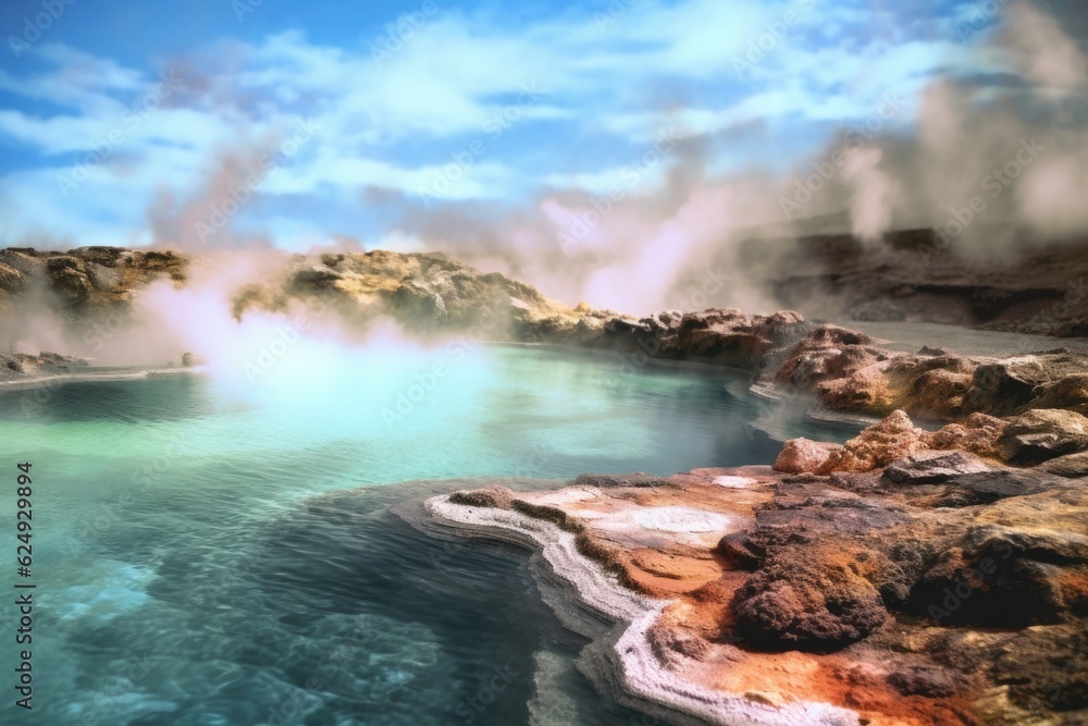 close-up of vibrant geothermal pool with steam rising, created with generative ai close-up of vibrant geothermal pool with steam rising, created with generative ai