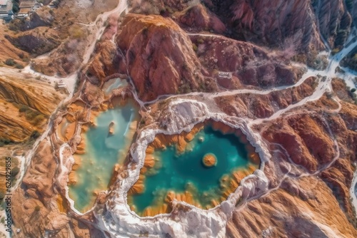 aerial view of colorful geothermal hot spring pools, created with generative ai