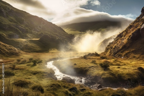 steam billowing from geothermal vents in a valley, created with generative ai