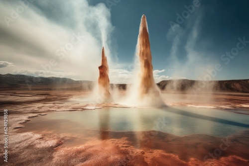 steaming geysers erupting in a geothermal park, created with generative ai