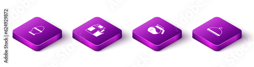 Set Isometric Chicken egg on stand, Online ordering delivery, Coffee pot and Covered with tray icon. Vector