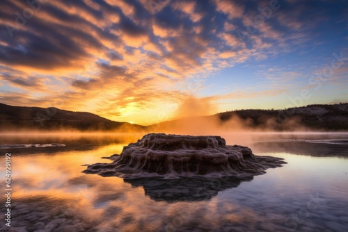 steam rising from geothermal pool at sunrise, created with generative ai